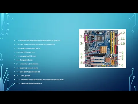 1 — выводы для подключения периферийных устройств 2 — слот