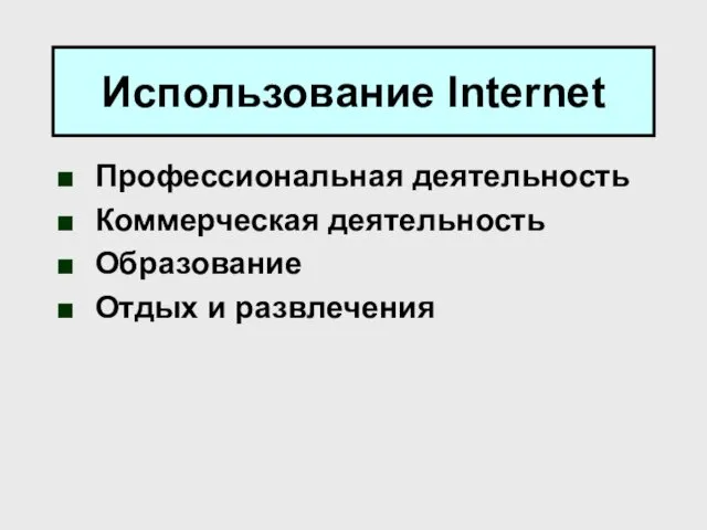 Использование Internet Профессиональная деятельность Коммерческая деятельность Образование Отдых и развлечения