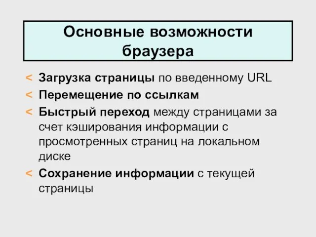 Основные возможности браузера Загрузка страницы по введенному URL Перемещение по