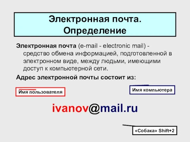 Электронная почта. Определение Электронная почта (e-mail - electronic mail) -