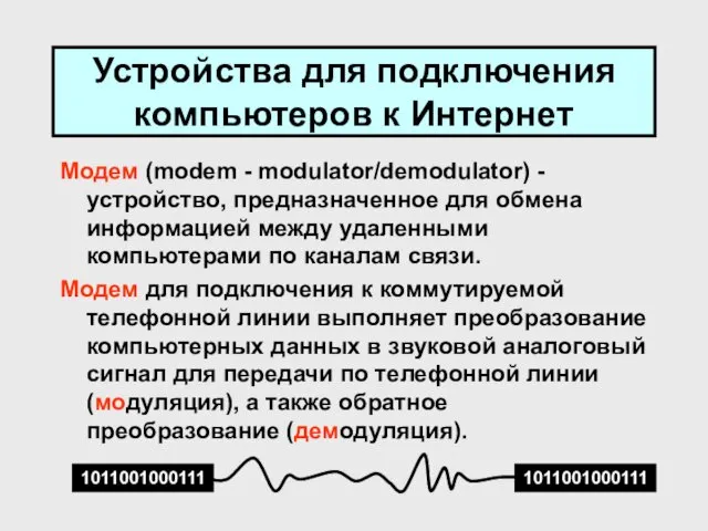 Устройства для подключения компьютеров к Интернет Модем (modem - modulator/demodulator)