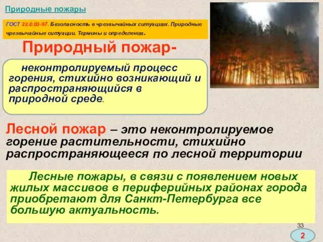 Природный пожар- Лесные пожары, в связи с появлением новых жилых массивов в периферийных