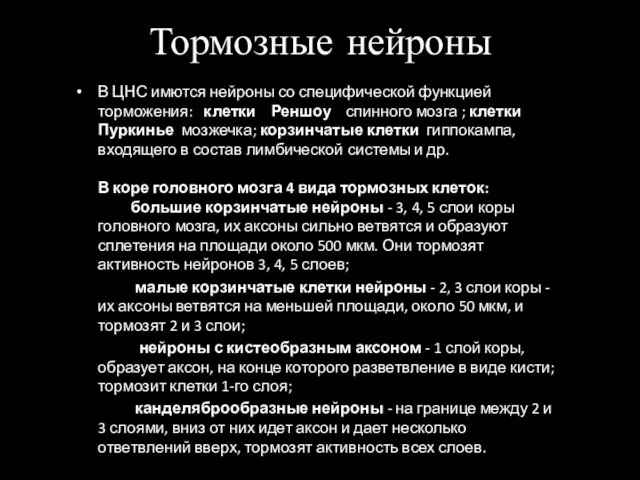 Тормозные нейроны В ЦНС имются нейроны со специфической функцией торможения: клетки Реншоу спинного