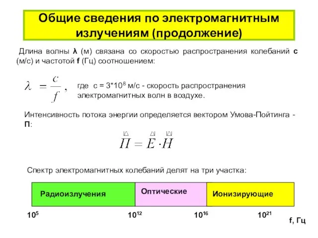 Общие сведения по электромагнитным излучениям (продолжение) Длина волны λ (м) связана со скоростью