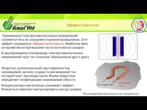 Эффект близости Переменные токи противоположных направлений стремятся течь по соседним сторонам проводников. Этот