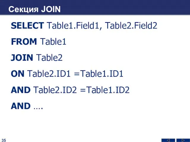 Секция JOIN SELECT Table1.Field1, Table2.Field2 FROM Table1 JOIN Table2 ON Table2.ID1 =Table1.ID1 AND