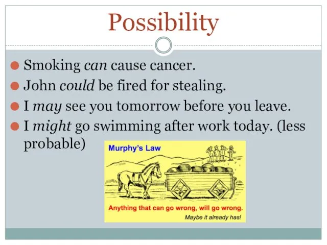 Possibility Smoking can cause cancer. John could be fired for