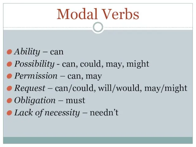 Modal Verbs Ability – can Possibility - can, could, may,