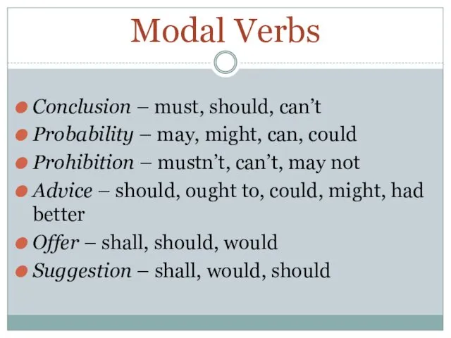Modal Verbs Conclusion – must, should, can’t Probability – may,