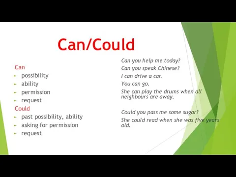 Can/Could Can possibility ability permission request Could past possibility, ability