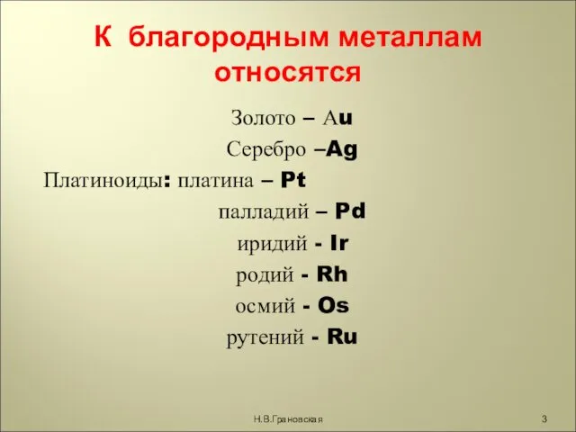 К благородным металлам относятся Золото – Аu Серебро –Ag Платиноиды: