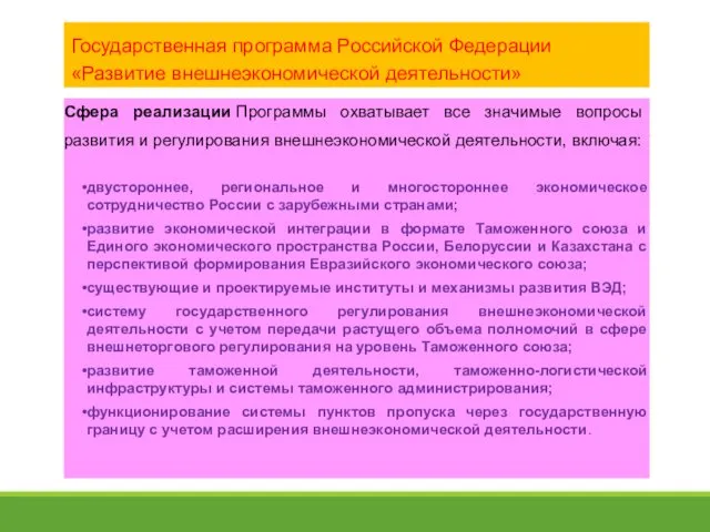Государственная программа Российской Федерации «Развитие внешнеэкономической деятельности» Сфера реализации Программы