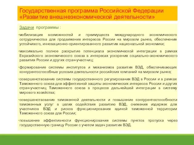Государственная программа Российской Федерации «Развитие внешнеэкономической деятельности» Задачи программы :