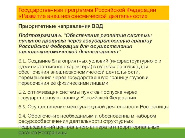Государственная программа Российской Федерации «Развитие внешнеэкономической деятельности» Приоритетные направления ВЭД