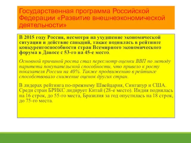 Государственная программа Российской Федерации «Развитие внешнеэкономической деятельности» В 2015 году