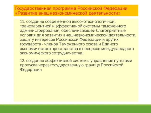Государственная программа Российской Федерации «Развитие внешнеэкономической деятельности» 11. создание современной