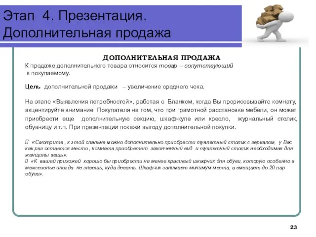 Этап 4. Презентация. Дополнительная продажа ДОПОЛНИТЕЛЬНАЯ ПРОДАЖА К продаже дополнительного