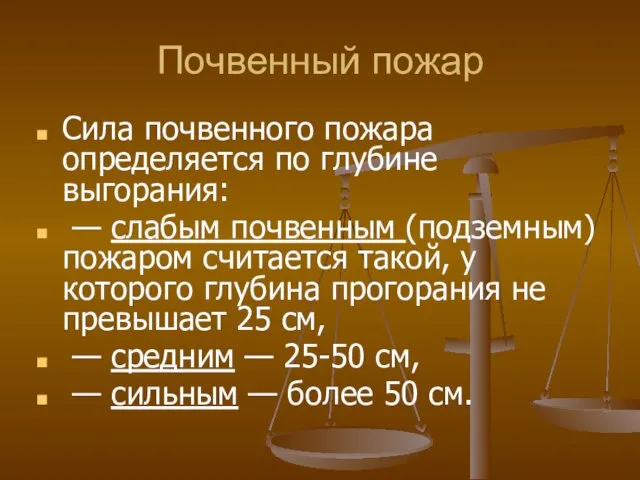 Почвенный пожар Сила почвенного пожара определяется по глубине выгорания: —