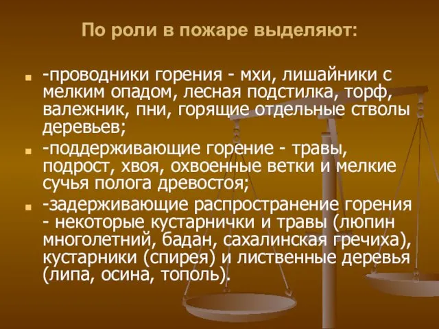 По роли в пожаре выделяют: -проводники горения - мхи, лишайники