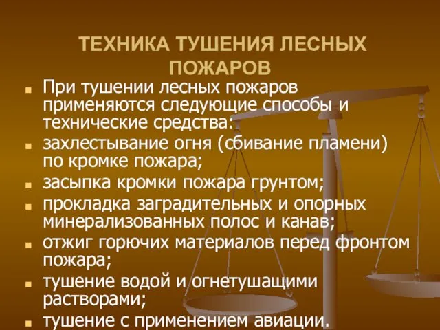 ТЕХНИКА ТУШЕНИЯ ЛЕСНЫХ ПОЖАРОВ При тушении лесных пожаров применяются следующие