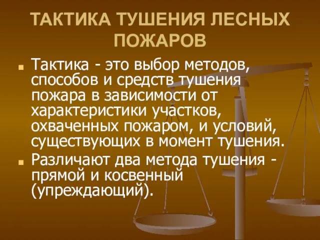 ТАКТИКА ТУШЕНИЯ ЛЕСНЫХ ПОЖАРОВ Тактика - это выбор методов, способов