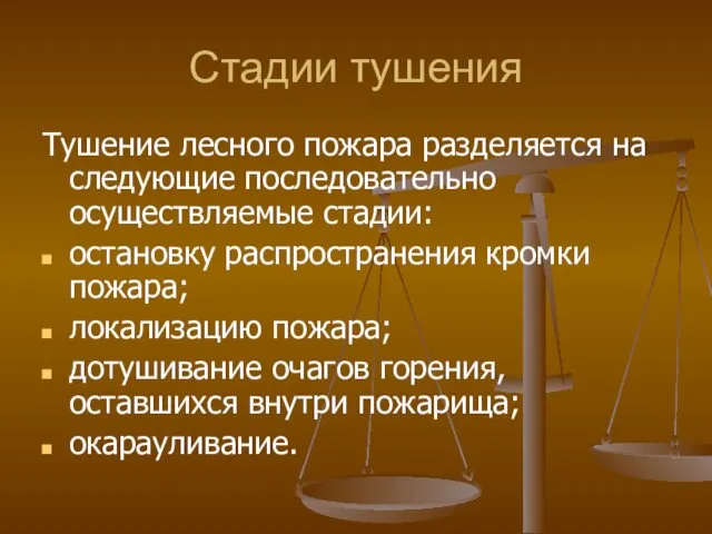 Стадии тушения Тушение лесного пожара разделяется на следующие последовательно осуществляемые