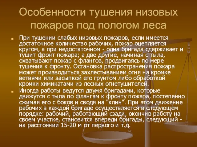 Особенности тушения низовых пожаров под пологом леса При тушении слабых