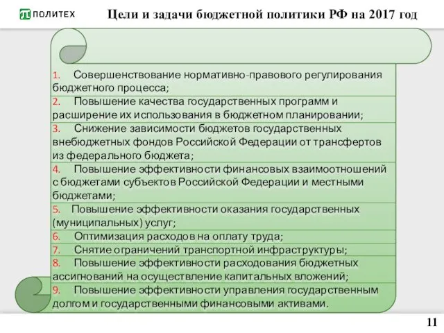 Цели и задачи бюджетной политики РФ на 2017 год 1.