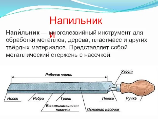 Напильники Напи́льник — многолезвийный инструмент для обработки металлов, дерева, пластмасс