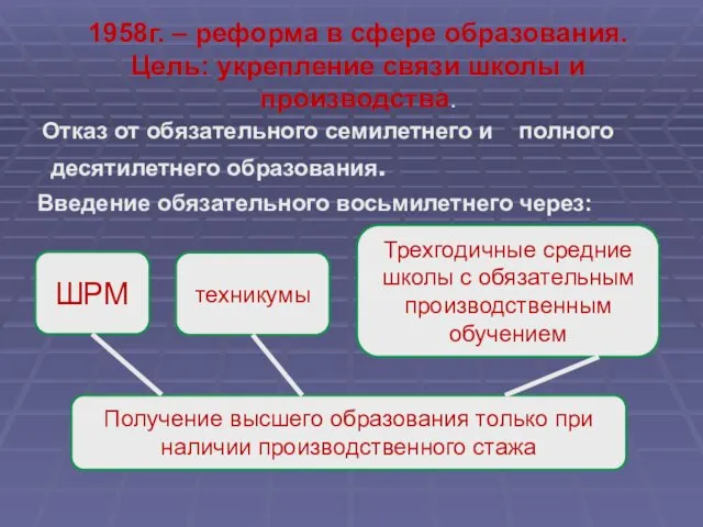 1958г. – реформа в сфере образования. Цель: укрепление связи школы