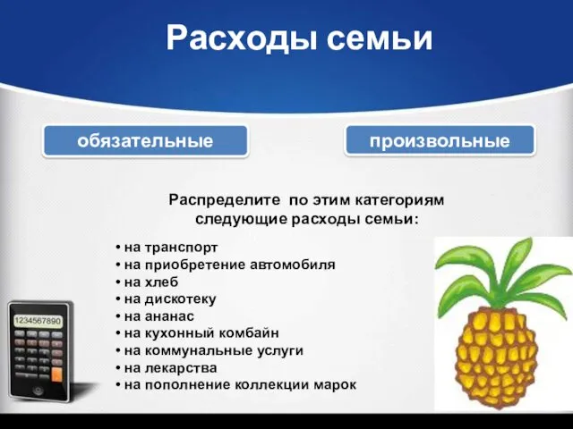 Расходы семьи обязательные произвольные Распределите по этим категориям следующие расходы