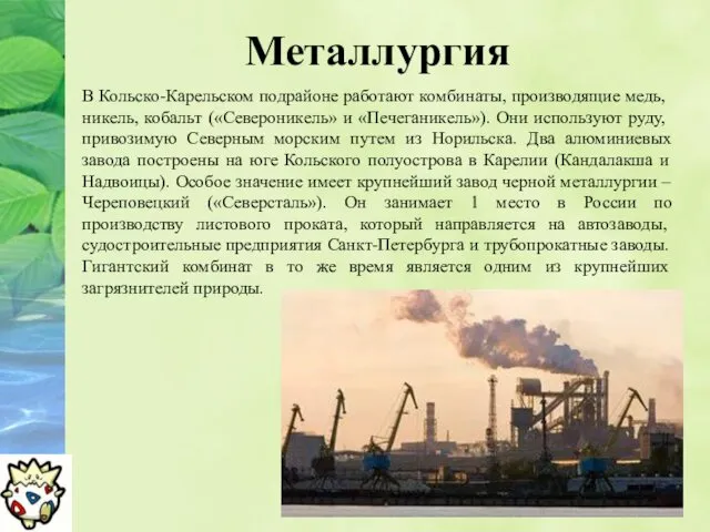 Металлургия В Кольско-Карельском подрайоне работают комбинаты, производящие медь, никель, кобальт («Североникель» и «Печеганикель»).