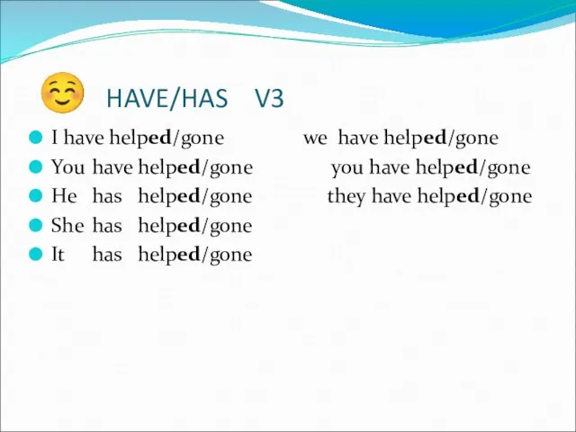 ☺ HAVE/HAS V3 I have helped/gone we have helped/gone You