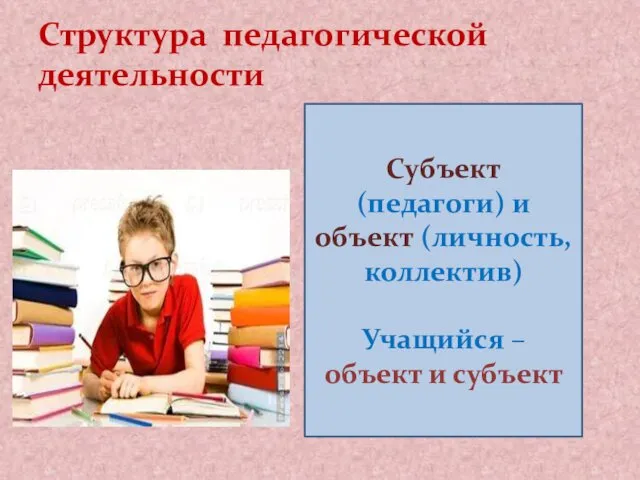 Структура педагогической деятельности Субъект (педагоги) и объект (личность, коллектив) Учащийся – объект и субъект