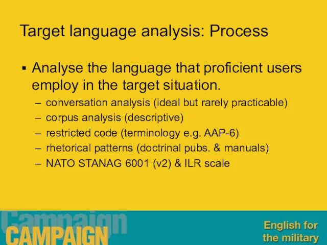 Target language analysis: Process Analyse the language that proficient users