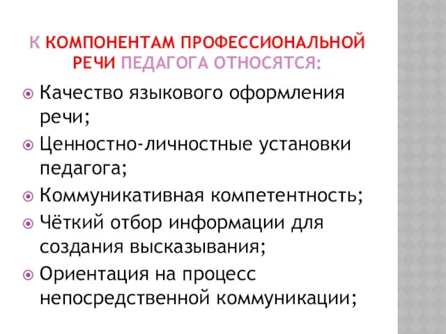 К КОМПОНЕНТАМ ПРОФЕССИОНАЛЬНОЙ РЕЧИ ПЕДАГОГА ОТНОСЯТСЯ: Качество языкового оформления речи;