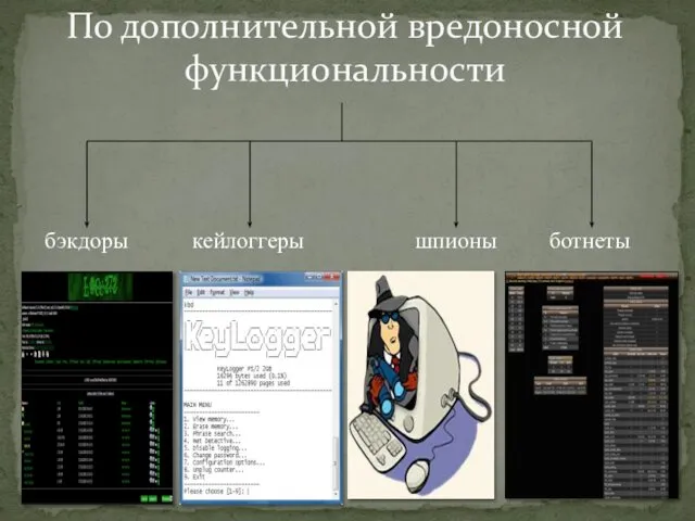 бэкдоры кейлоггеры шпионы ботнеты По дополнительной вредоносной функциональности