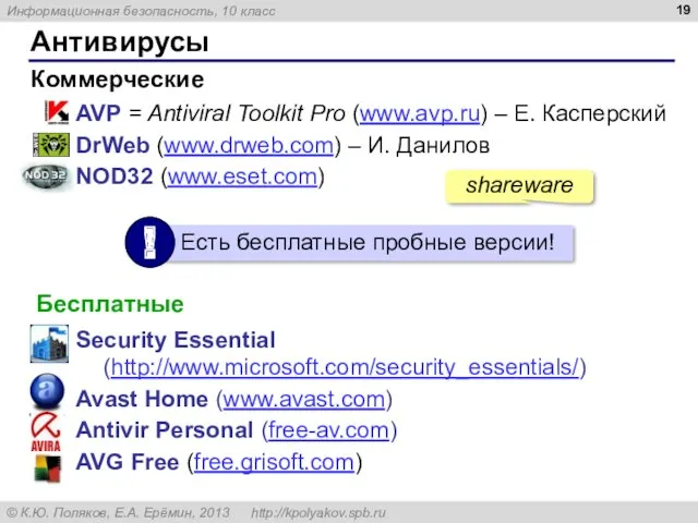 Антивирусы AVP = Antiviral Toolkit Pro (www.avp.ru) – Е. Касперский