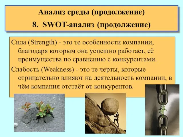 Анализ среды (продолжение) 8. SWOT-анализ (продолжение) Сила (Strength) - это