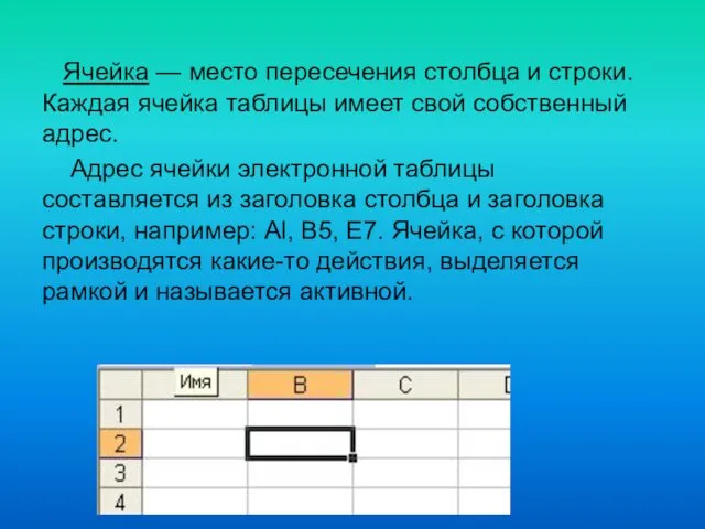 Ячейка — место пересечения столбца и строки. Каждая ячейка таблицы