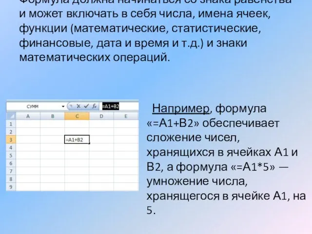 Формула должна начинаться со знака равенства и может включать в