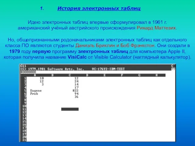 Идею электронных таблиц впервые сформулировал в 1961 г. американский учёный