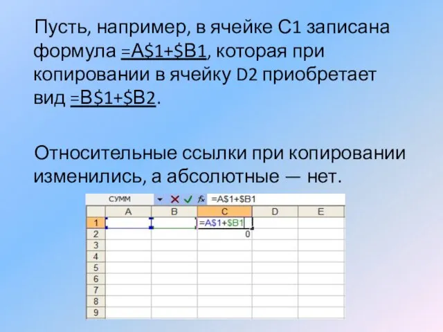 Пусть, например, в ячейке С1 записана формула =А$1+$В1, которая при