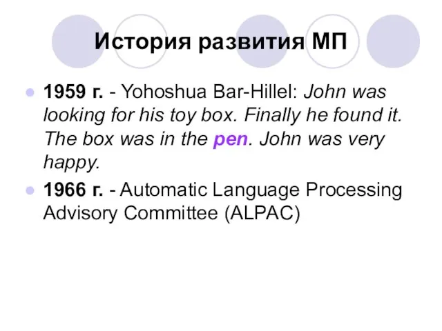 История развития МП 1959 г. - Yohoshua Bar-Hillel: John was