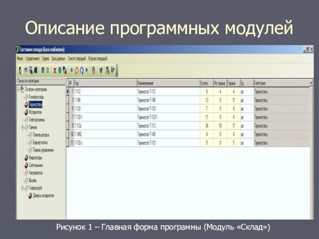 Описание программных модулей Рисунок 1 – Главная форма программы (Модуль «Склад»)