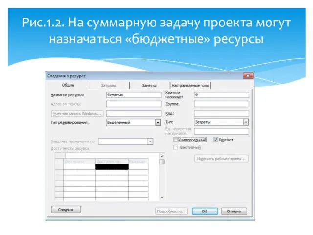 Рис.1.2. На суммарную задачу проекта могут назначаться «бюджетные» ресурсы