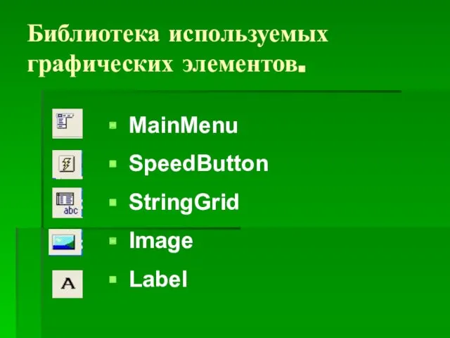 Библиотека используемых графических элементов. MainMenu SpeedButton StringGrid Image Label