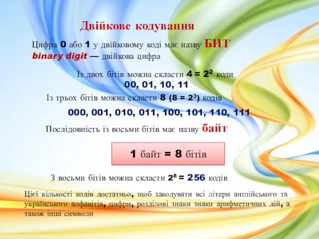 Двійкове кодування Із двох бітів можна скласти 4 = 22