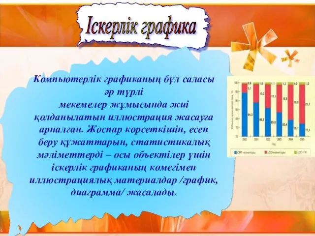 Іскерлік графика Компьютерлік графиканың бұл саласы әр түрлі мекемелер жұмысында