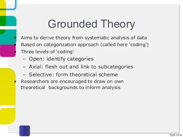 Grounded Theory Aims to derive theory from systematic analysis of